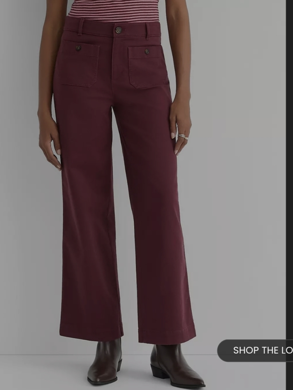 LOFT Women's Burgundy Cotton Twill Wide Leg Pants, Button Accents Reg Fit Size 4